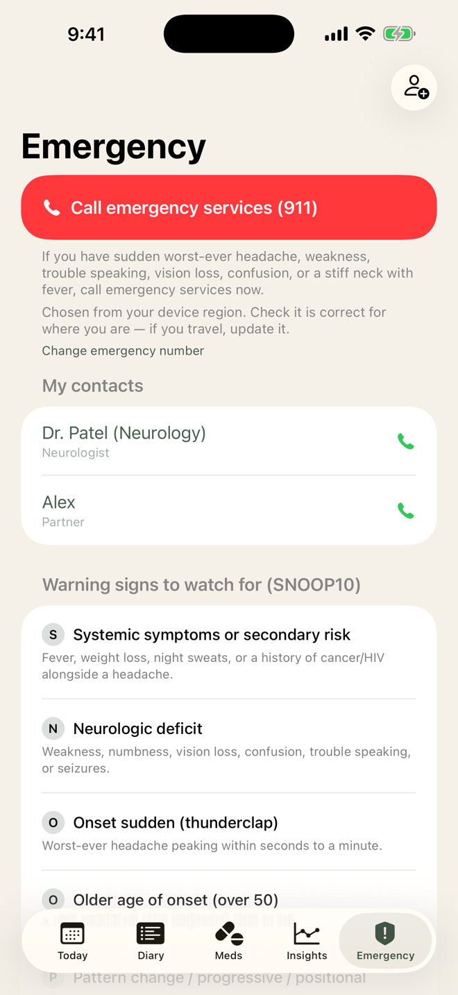 The Emergency screen: a one-tap button to call emergency services, personal contacts such as a neurologist, and the SNOOP10 headache warning signs explained in plain language.